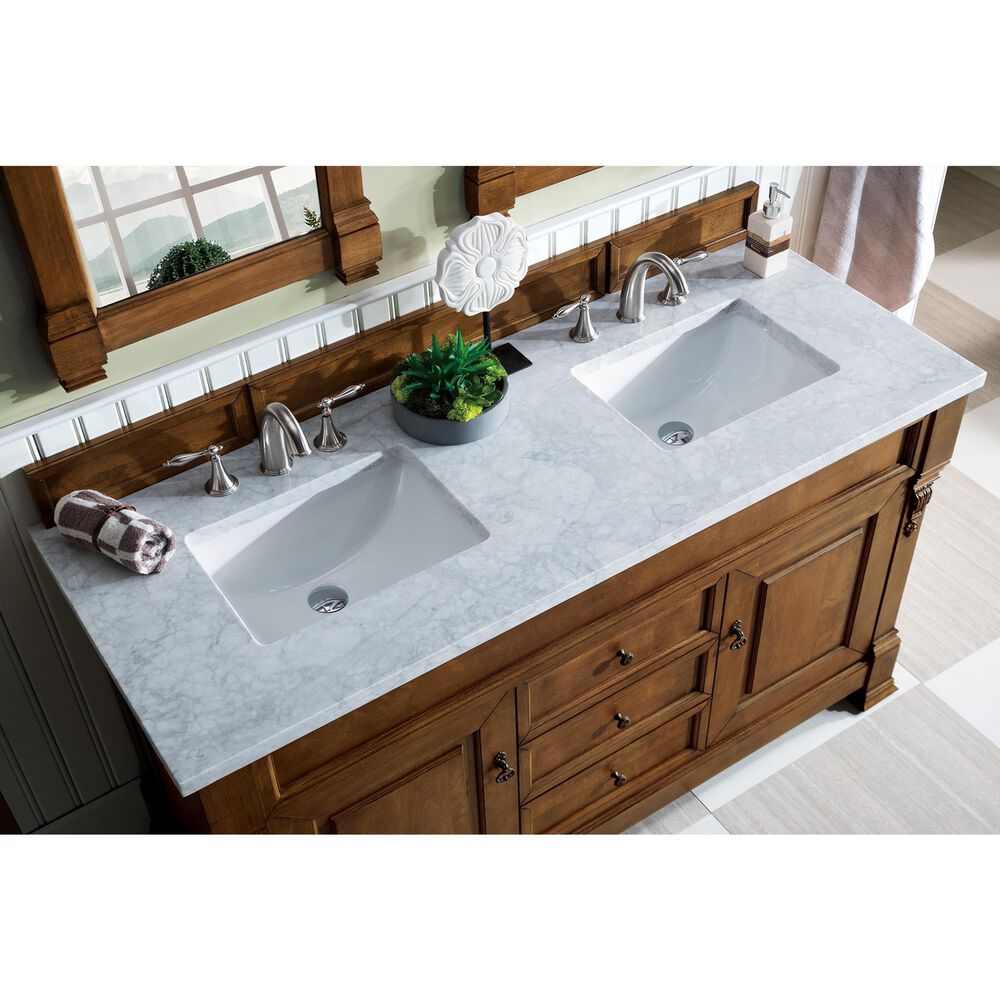 James Martin Vanities Brookfield 60&quot; Double Bathroom Vanity in Country Oak with 3 cm Carrara White Marble Top and Rectangle Sink, , large