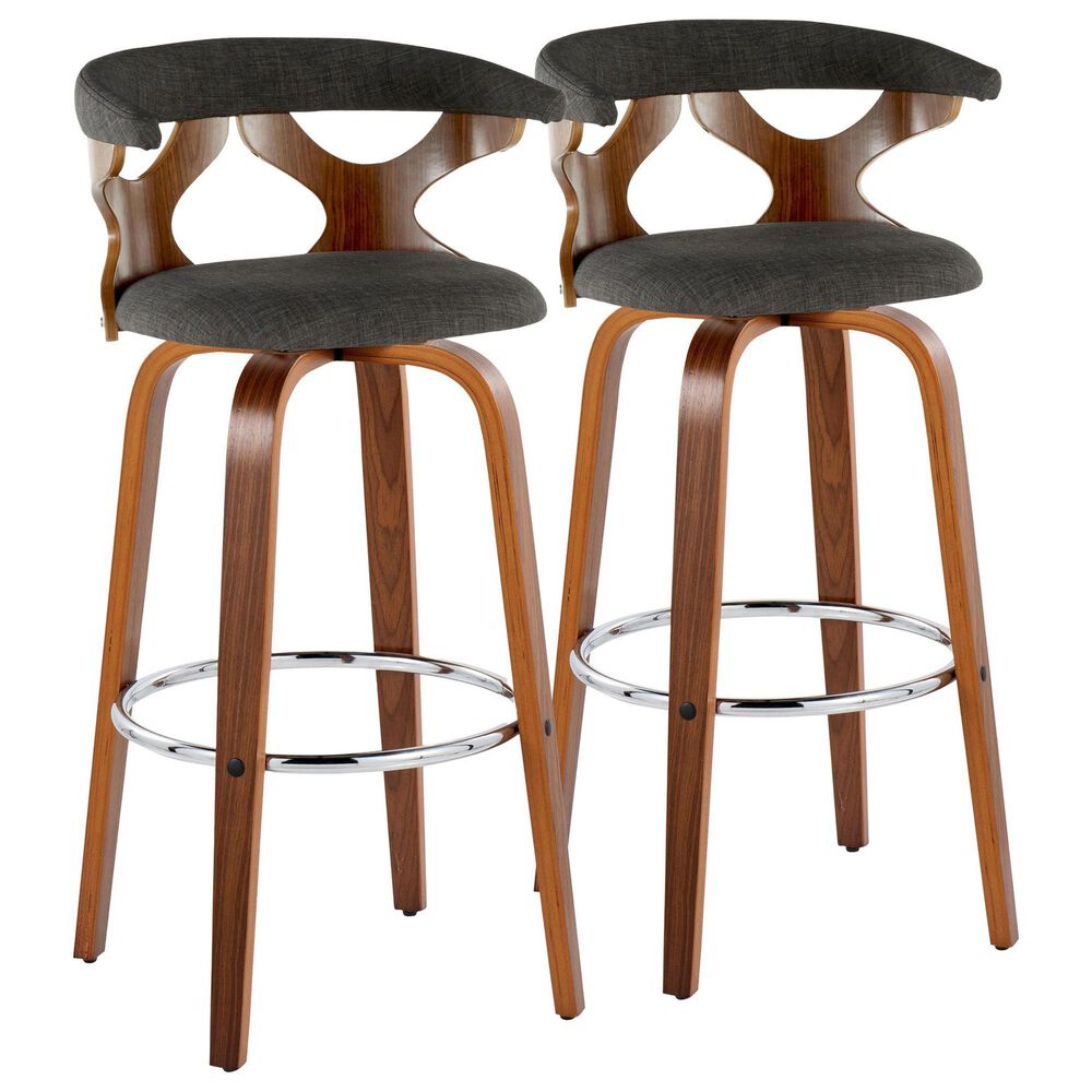 LumiSource Gardenia Swivel Fixed-Height Bar Stool with Charcoal Fabric Upholstery in Chrome and Walnut (Set of 2), , large