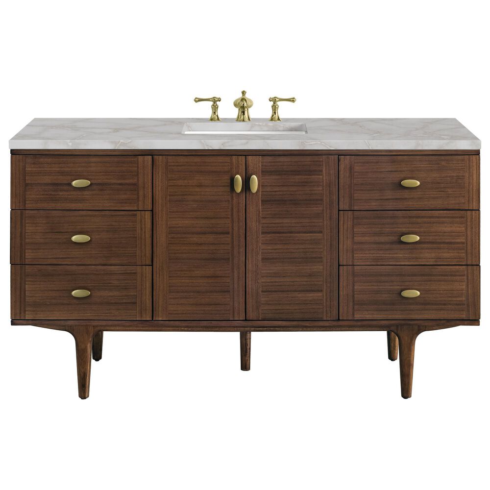 James Martin Vanities Amberly 60" Single Bathroom Vanity in Mid-Century Walnut with 3 cm Eternal Jasmine Pearl Silestone Top, Rectangular Sink and FreePower Wireless Charger, , large