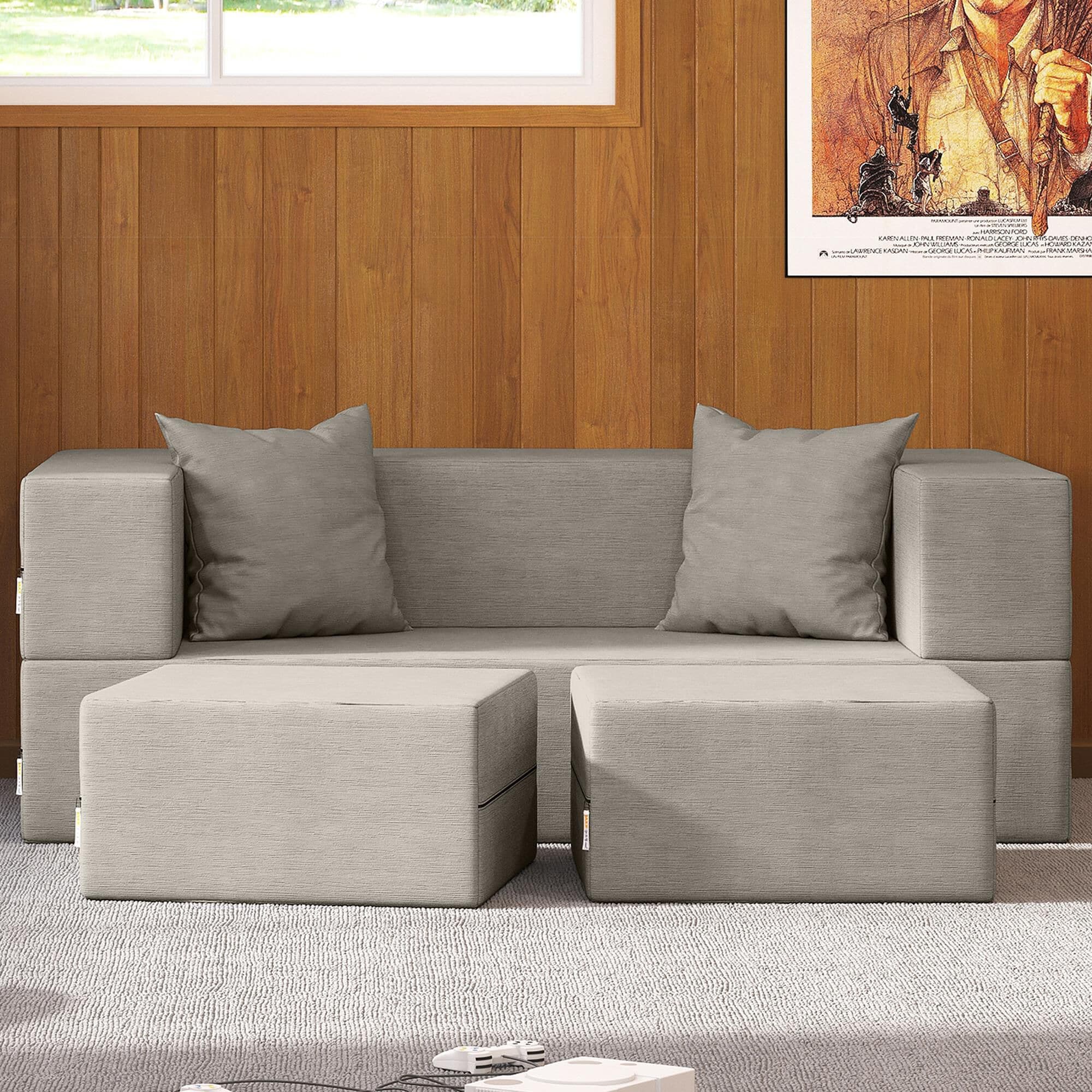 Jaxx Zipline Convertible Queen Sleeper Loveseat Ottomans in Pewter Velvet NFM