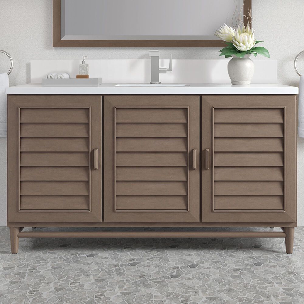 James Martin Vanities Portland 60&quot; Single Bathroom Vanity in Whitewashed Walnut with Single Hole 3 cm White Zeus Quartz Top and Rectangular Sink, , large