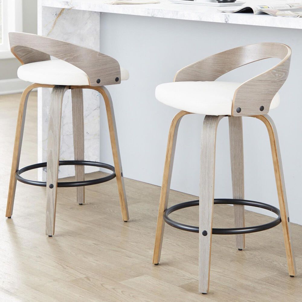 LumiSource Grotto 26" Swivel Counter Stool with White Faux Leather Upholstery in Light Grey and Black (Set of 2), , large