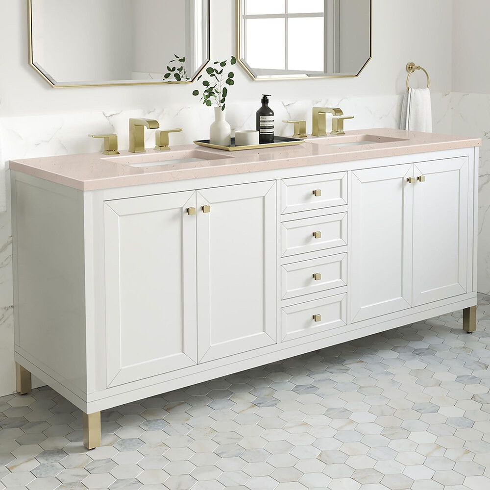 James Martin Vanities Chicago 72&quot; Double Bathroom Vanity in Glossy White with 3 cm Eternal Marfil Quartz Top and Rectangular Sinks, , large