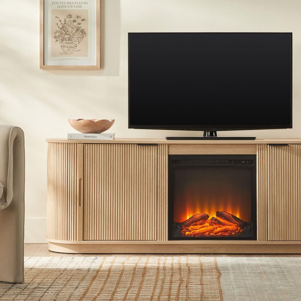 Walker Edison Chloe 70&quot; TV Stand with Freestanding Electric Fireplace in Coastal Oak, , large