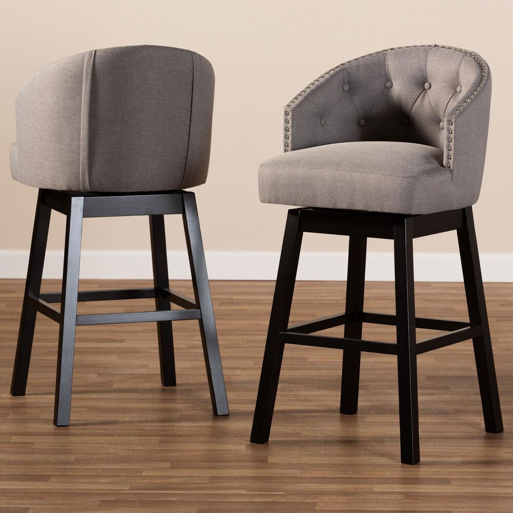 Baxton Studio Theron Swivel Bar Stool with Grey Cushion in Espresso (Set of 2), , large