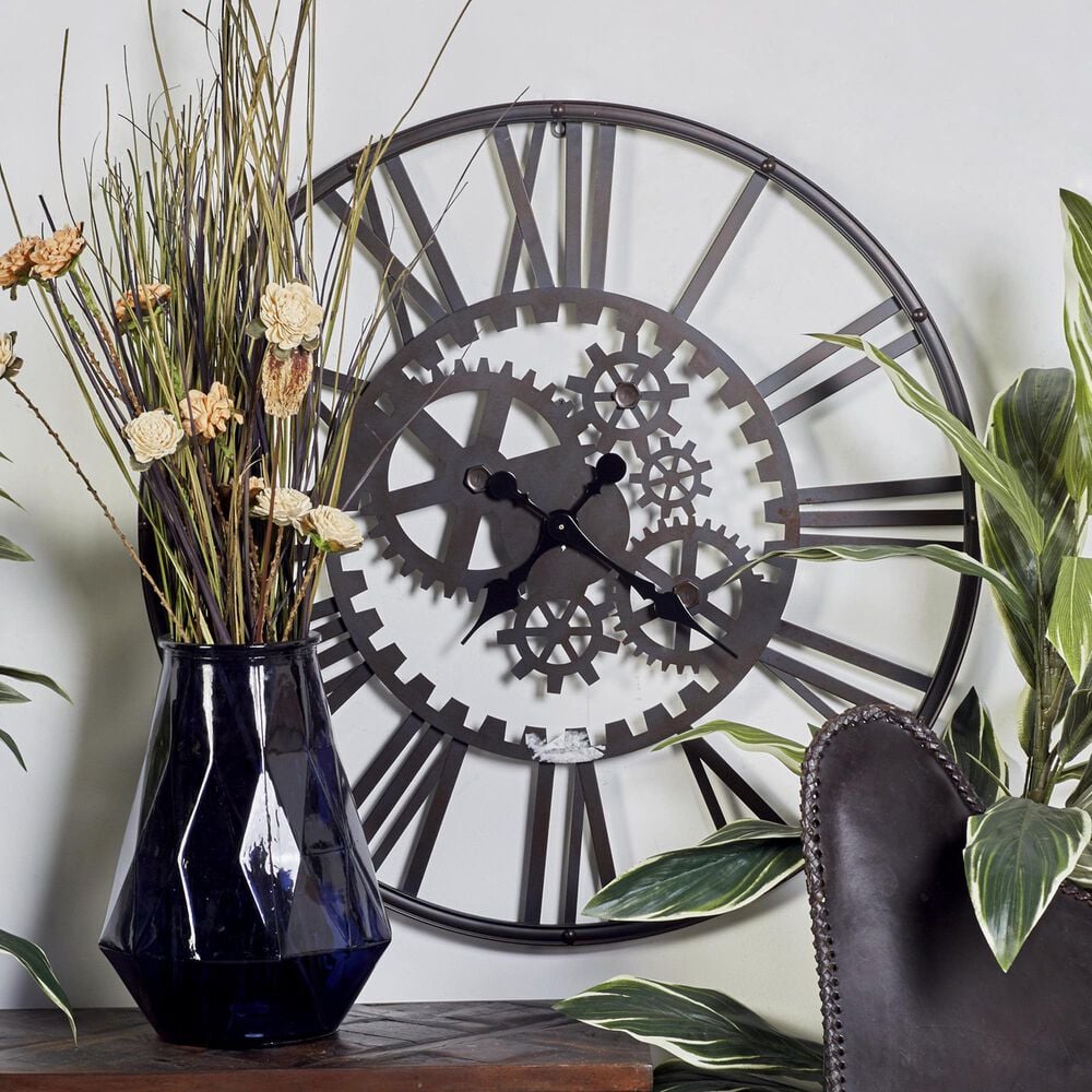 Maple and Jade Gear Decorative Wall Clock in Matte Black, , large