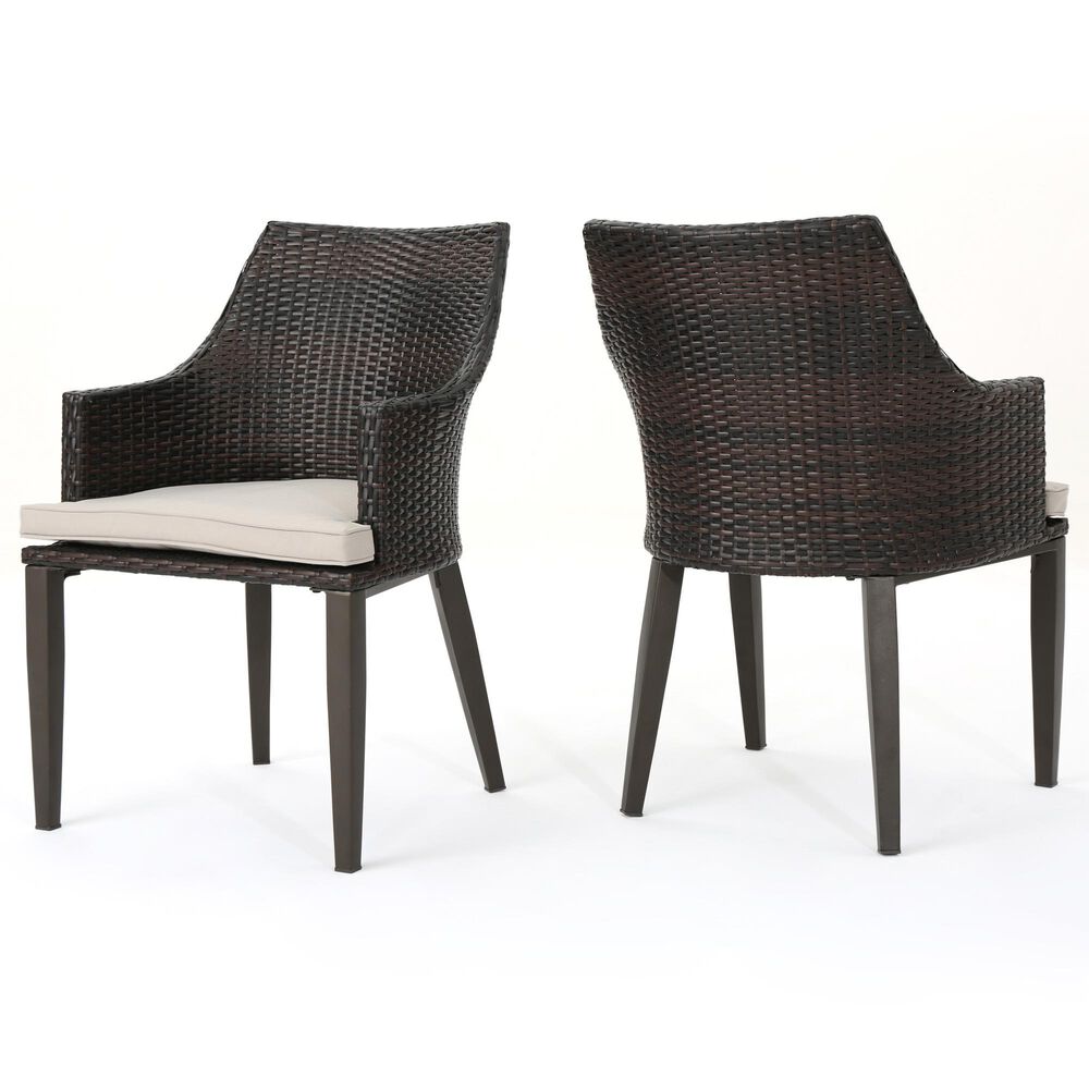 Hearth and Haven Hillhurst Outdoor Rattan Chair with Sloped Arms and Cushion in Brown (Set of 2), , large