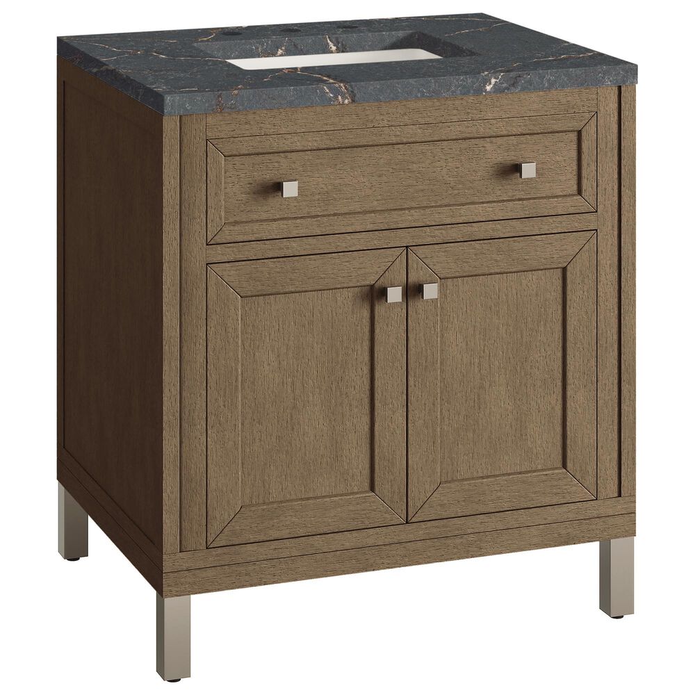 James Martin Vanities Chicago 30" Single Bathroom Vanity in Whitewashed Walnut with 3 cm Parisien Bleu Quartz Top and Rectangular Sink, , large