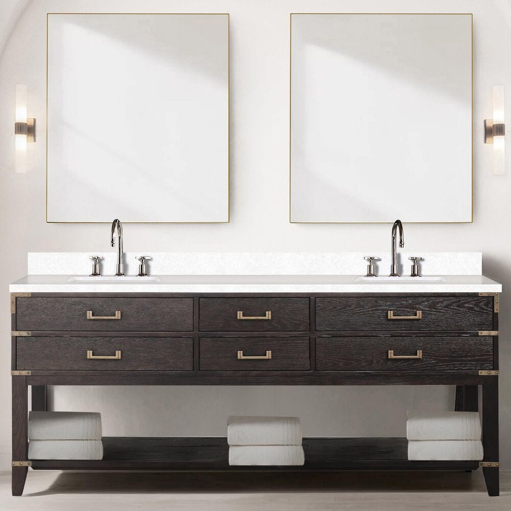 Lexora Home Norwalk 80&quot; Double Bathroom Vanity in Brown Oak with White Quartz Top and Rectangular Sinks, , large