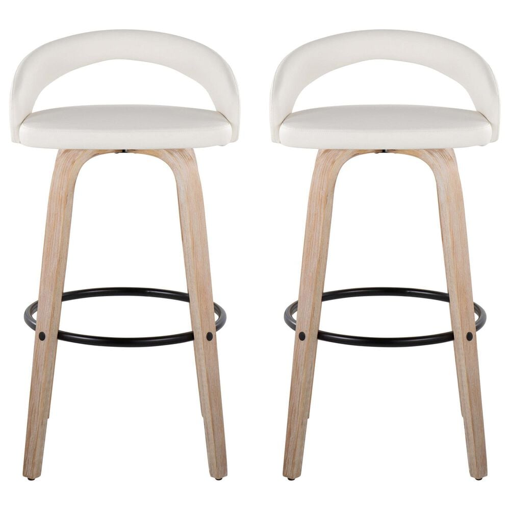 LumiSource Grotto Swivel Bar Stool with White Faux Leather Upholstery in Whitewashed Wood and Black (Set of 2), , large