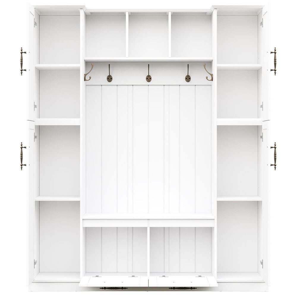 HOMLUX 5-Hook Hall Tree with 4 Side Cabinets and Storage Bench in White, , large
