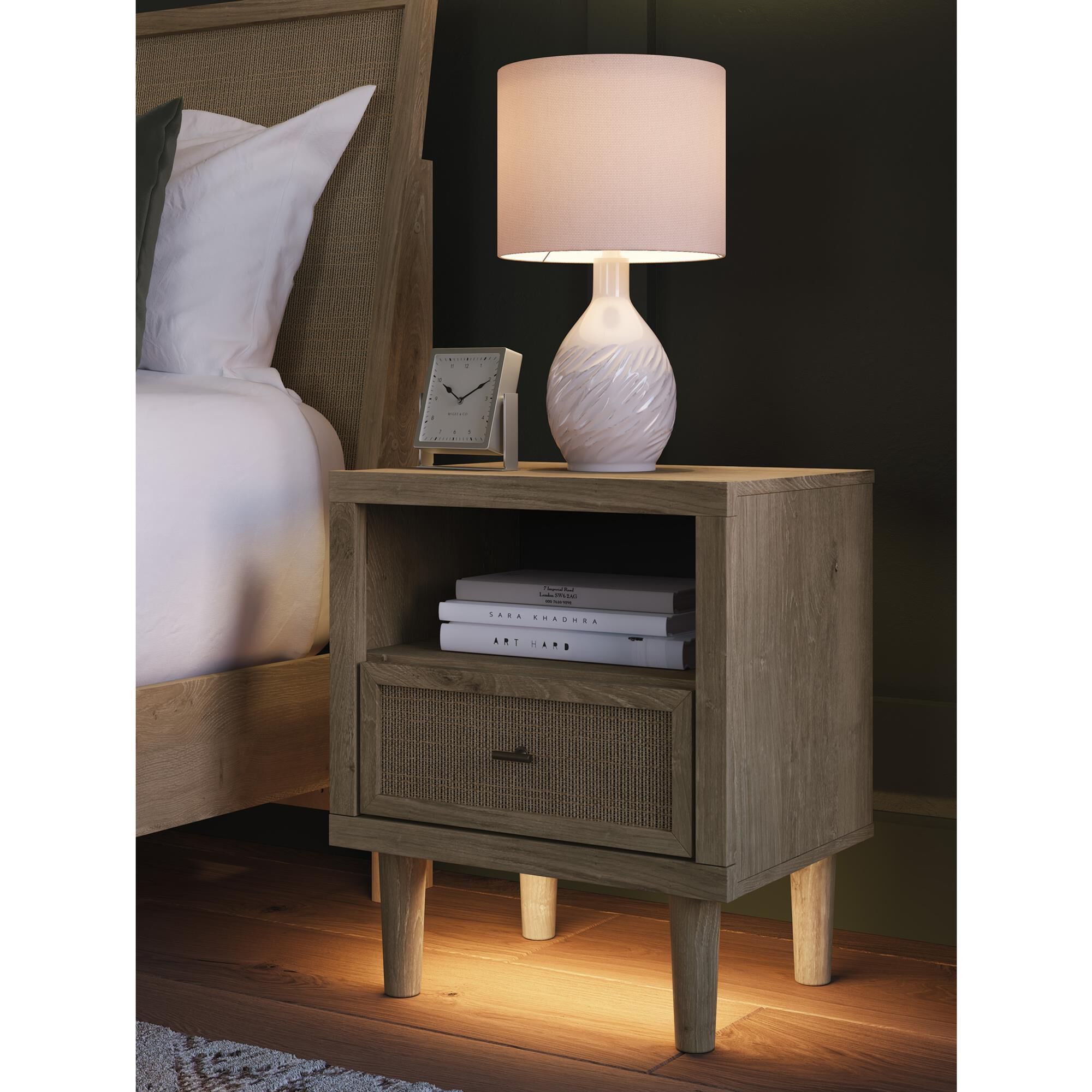 Ashley King Upholstered Bed and Two Nightstands