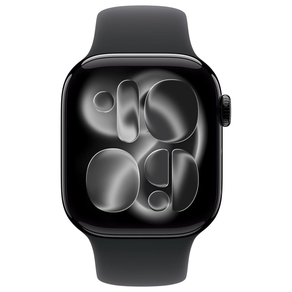 Apple Watch Series 11 (GPS) 42mm Aluminum Case with Black Sport Band - M/L in Jet Black and 2-Year AppleCare+, , large