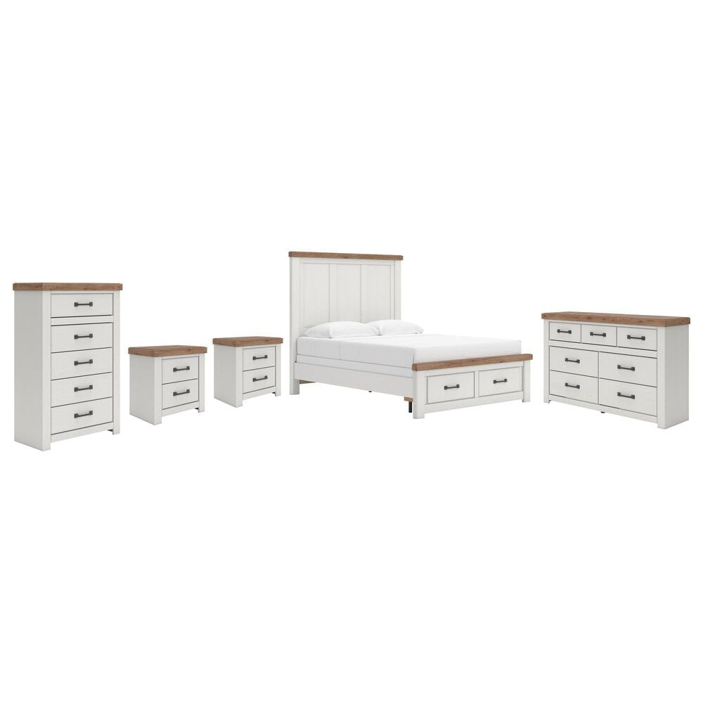 Ashley Savonport Queen Storage Bed with Dresser Chest and 2 Nightstands in White and Brown, , large