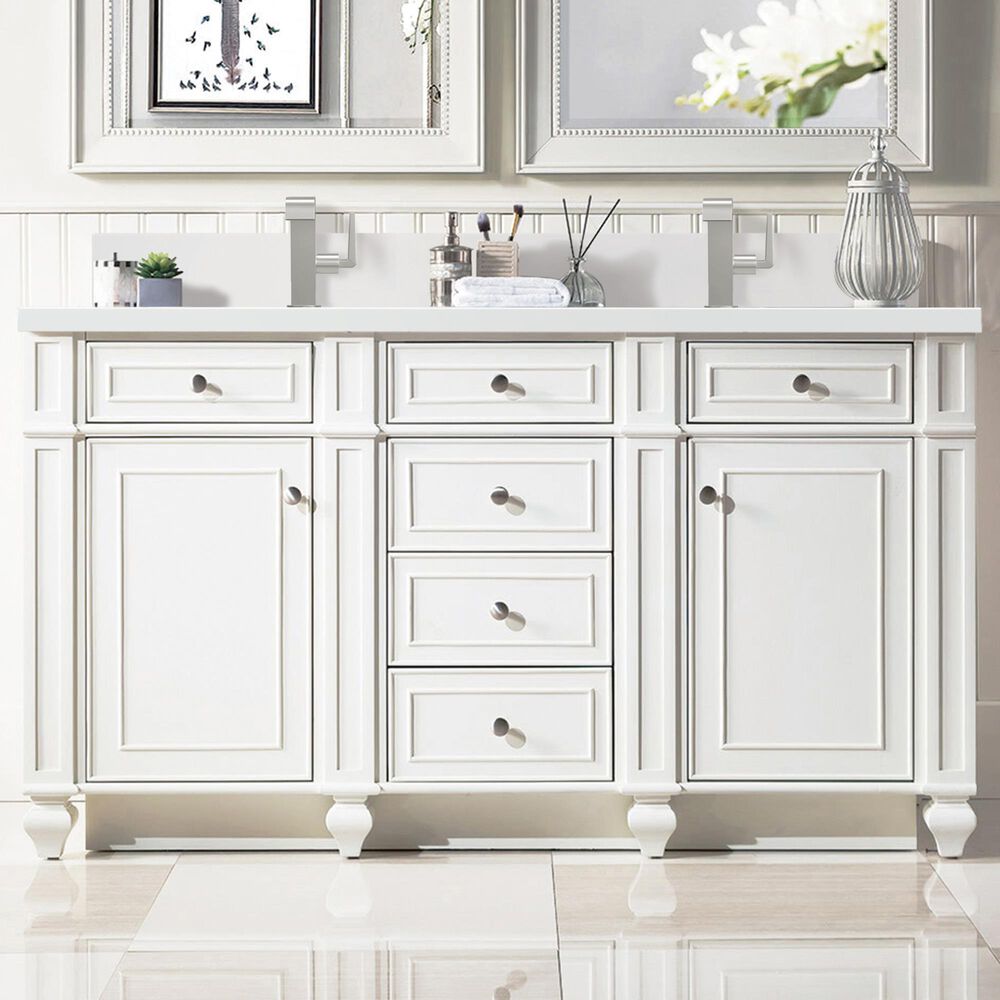 James Martin Vanities Bristol 60&quot; Double Bathroom Vanity in Bright White with Single Hole 3 cm White Zeus Quartz Top and Rectangular Sinks, , large