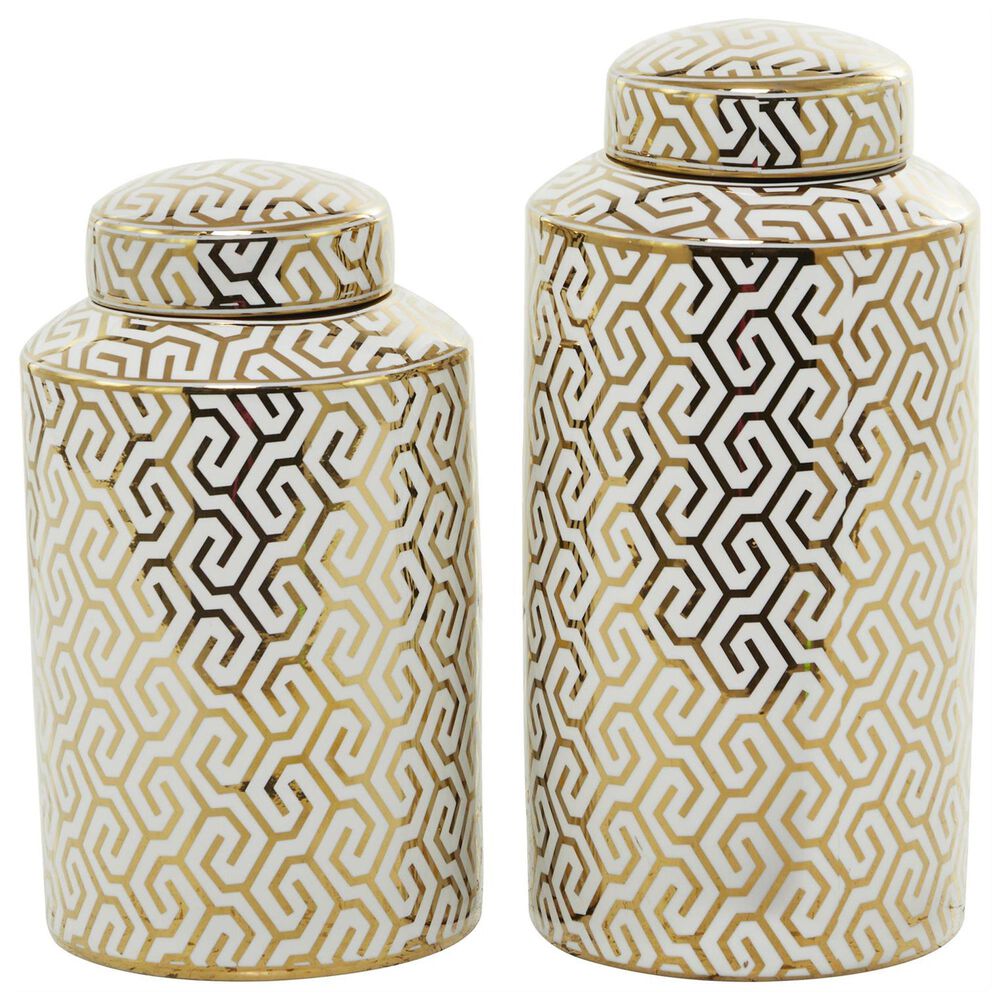 Maple and Jade 2-Piece Jar Set with Geometric Accents in Glossy Gold and White, , large