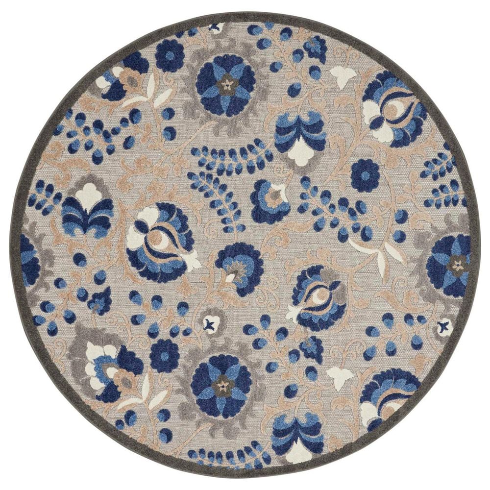 Nourison Aloha 4" Round Natural and Blue Indoor/Outdoor Area Rug, , large