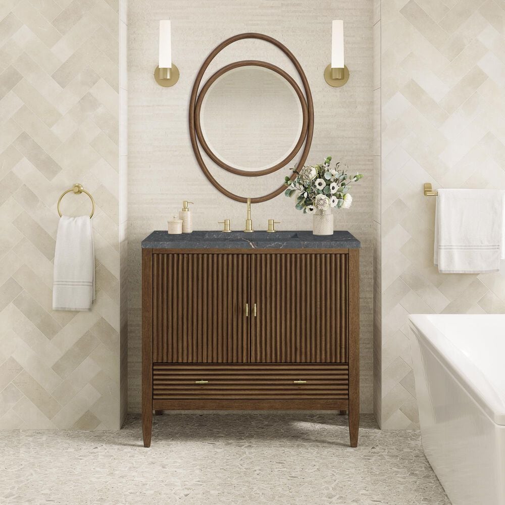 James Martin Vanities Myrrin 36&quot; Vanity in Mid-Century Walnut with 3 cm Parisien Bleu Quartz Top, , large