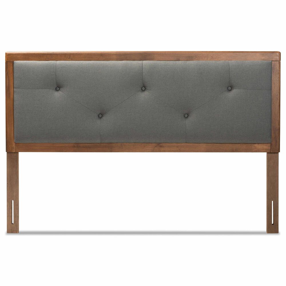 Baxton Studio Abner King Panel Headboard with Dark Grey Fabric in Walnut Brown, , large