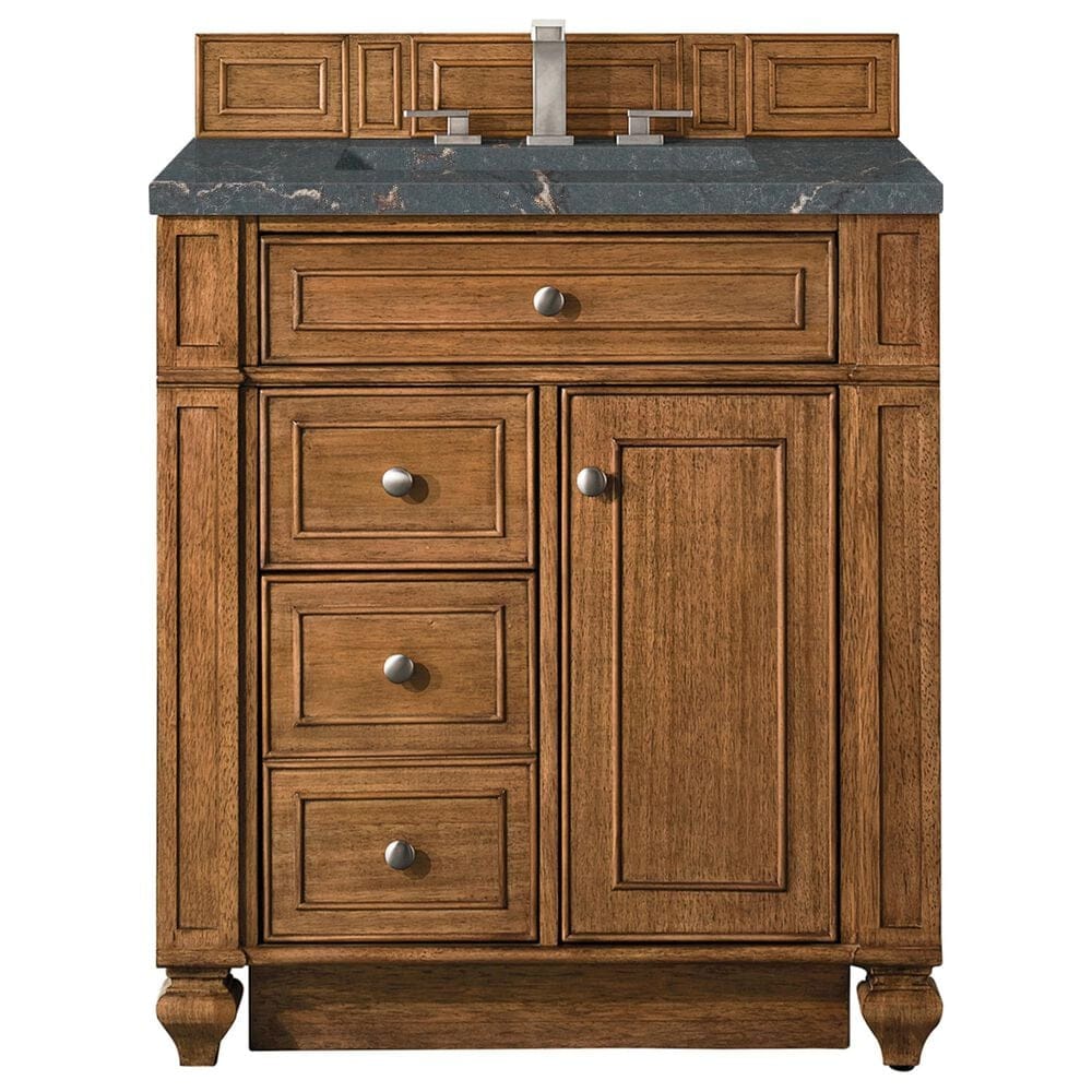James Martin Vanities Bristol 30" Single Bathroom Vanity in Saddle Brown with 3 cm Parisien Bleu Quartz Top and Rectangular Sink, , large