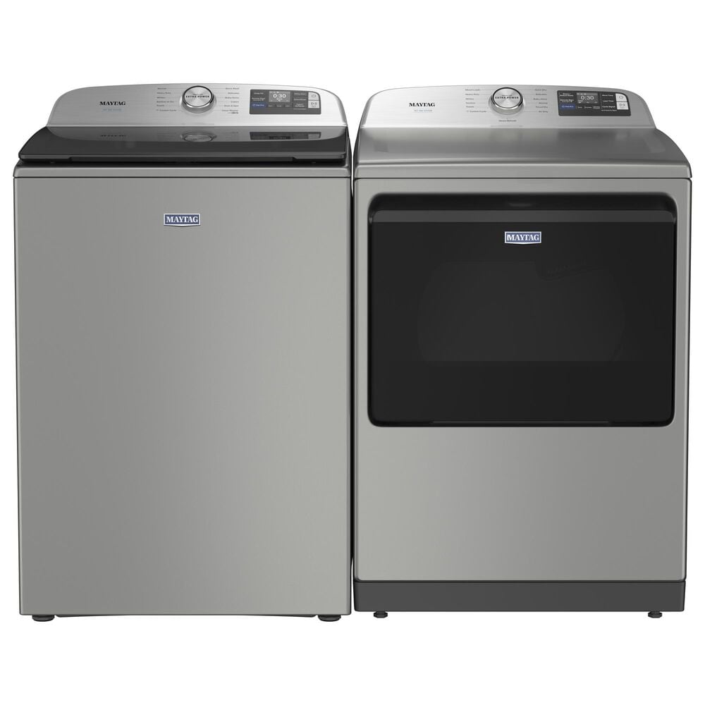 Maytag 5.2 Cu. Ft. Smart Pet Pro Top Load Agitator Washer and 7.4 Cu. Ft. Smart Gas Top Load Dryer Laundry Pair in Classic Silver, , large