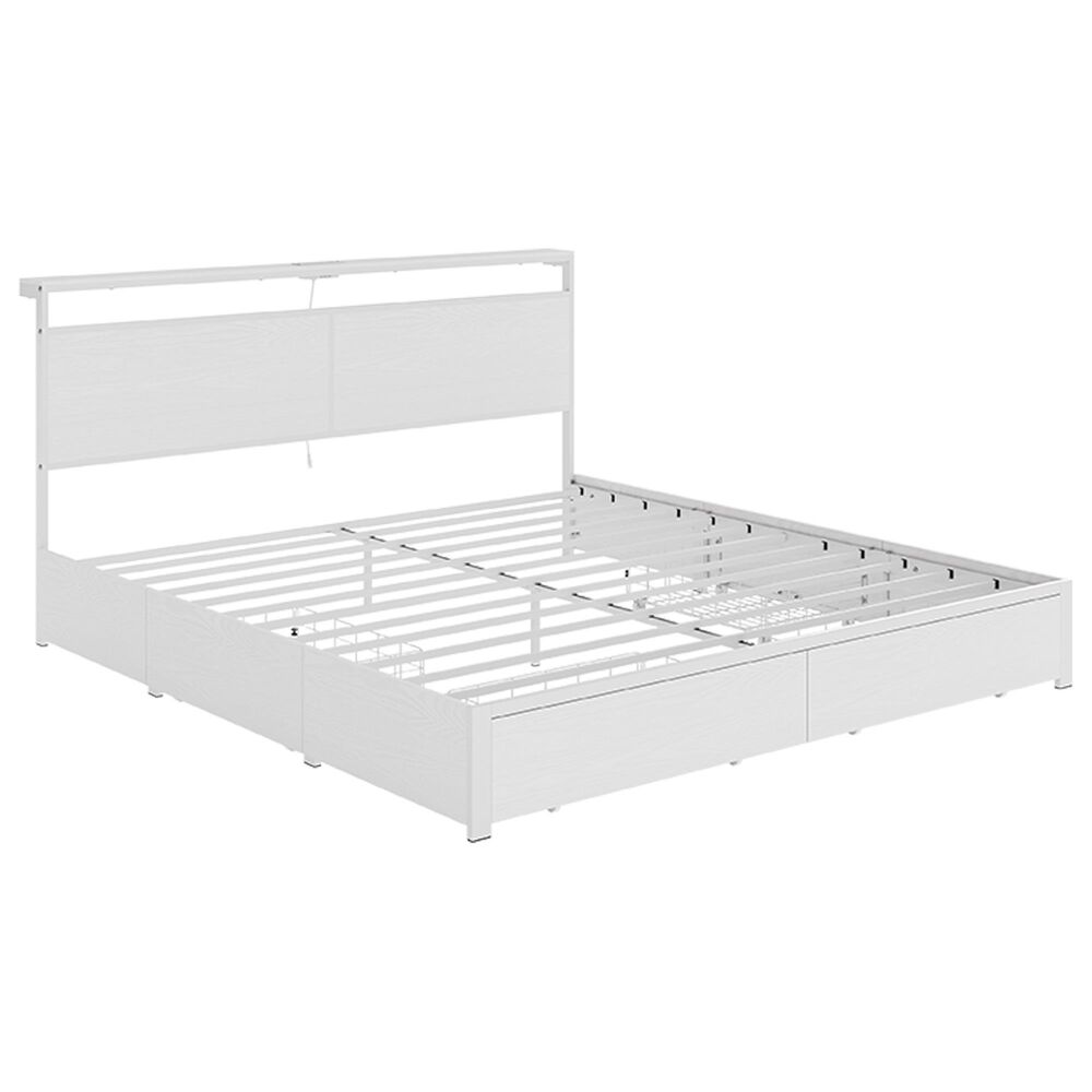 HOMLUX King 4-Drawer Storage Bed with LED Headboard and Charging Station in White, , large