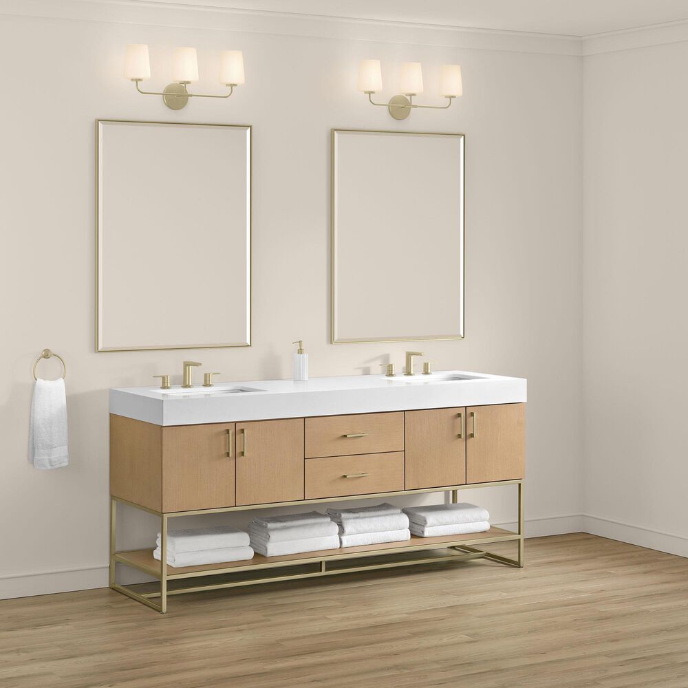 37B Mauri 72" Double Bathroom Vanity with Metal Base in Warm Oak with High-Profile 4" White Composite Stone Top, , large