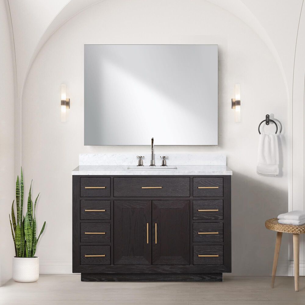 Lexora Home Abbey 48&quot; Single Bathroom Vanity in Black Oak with 2 cm White Carrara Marble Top and Rectangular Sink, , large