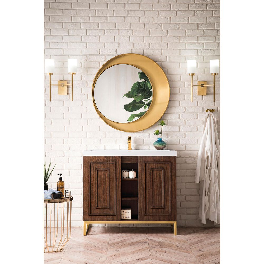 James Martin Vanities Alicante 39.5&quot; Single Bathroom Vanity in Mid Century Acacia and Radiant Gold with 5 cm White Glossy Resin Top and Rectangular Sink, , large