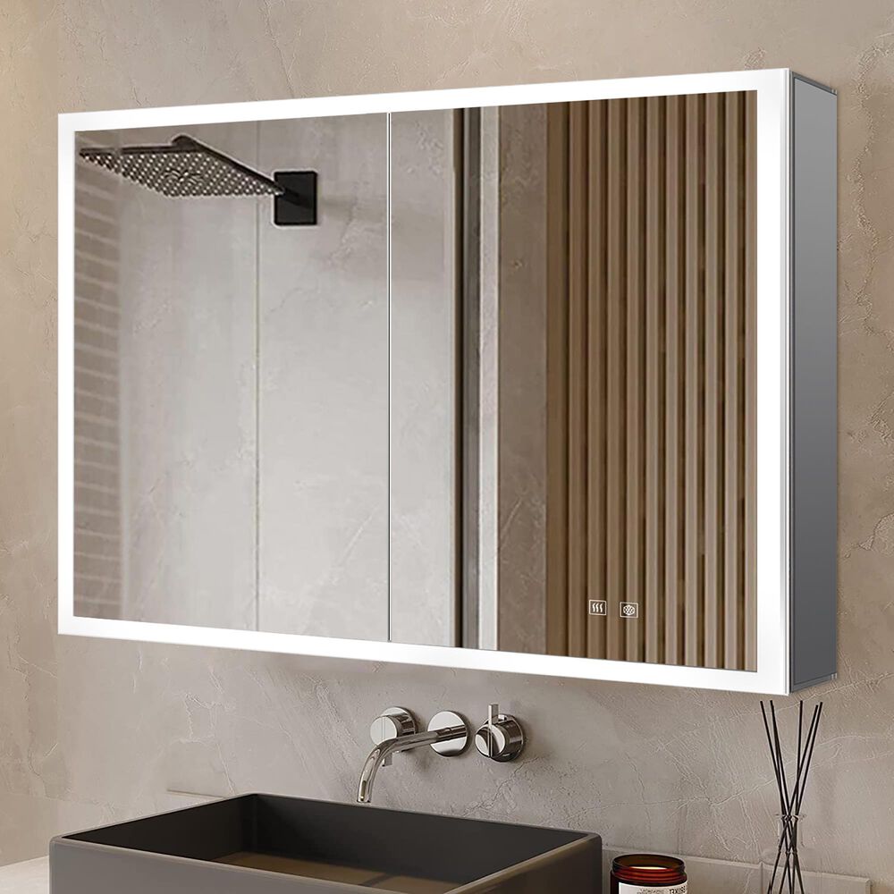 Lexora Home Mesa 36" x 28" LED Mirror Medicine Cabinet with Defogger in Aluminium, , large