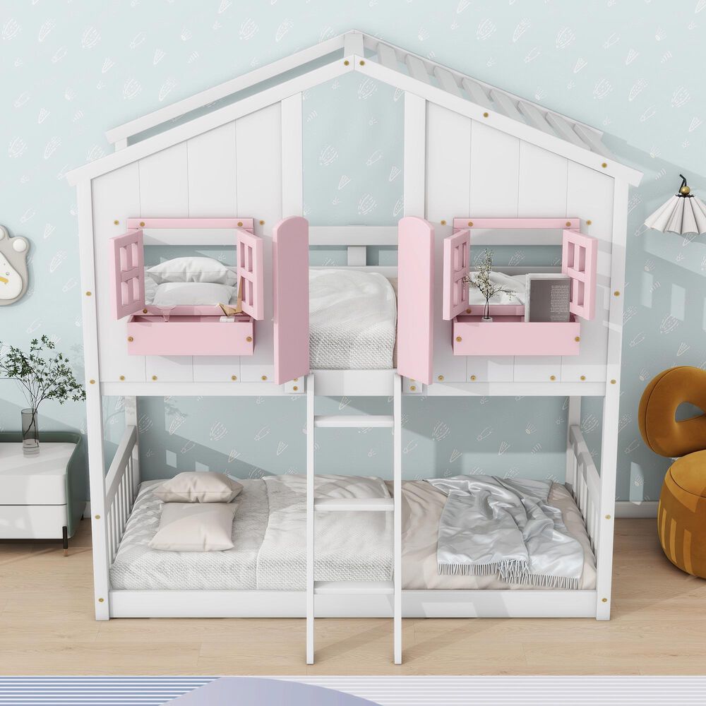 Hearth and Haven Twin over Twin House Bunk Bed with Roof in Pink and White, , large