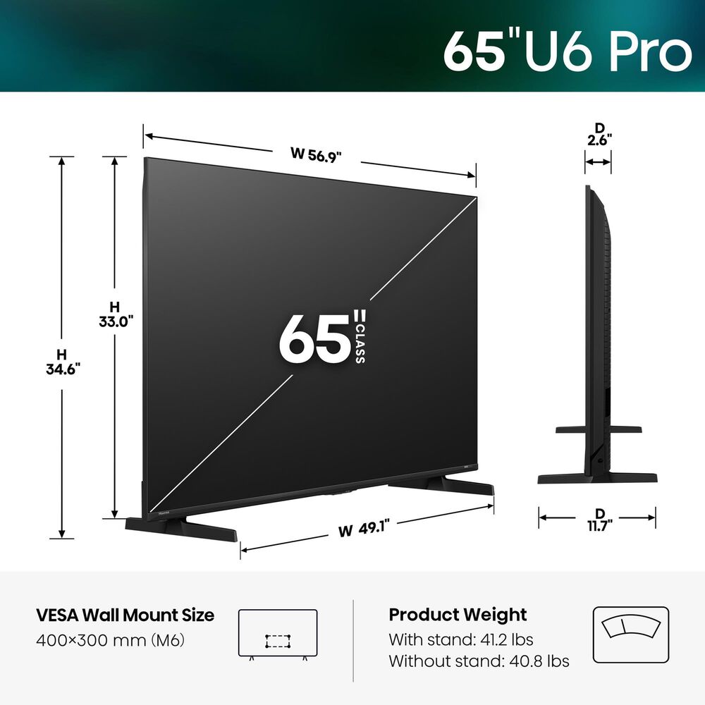 Hisense 65" Class U6 Pro Series ULED Mini-LED 4K - Smart Vidaa TV with 3.1.2 Channel Soundbar System in Black, , large