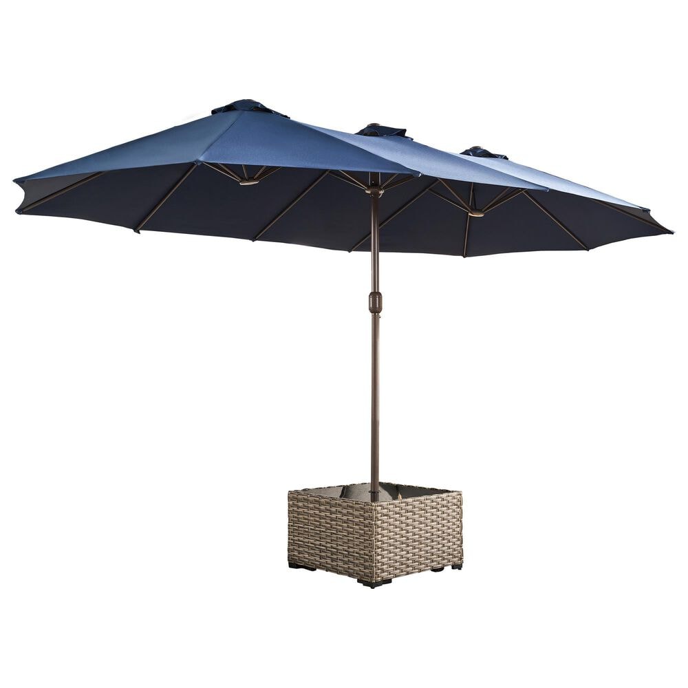 HOMLUX 2-Piece 14.5 ft Patio Umbrella with All-weather Rattan Square Coffee Table Outdoor Set in Dark Blue, , large