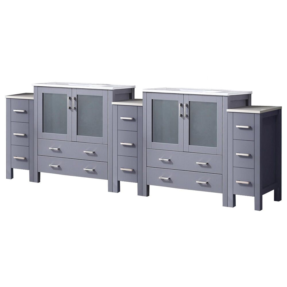 Lexora Home Volez 96" Double Bathroom Vanity in Dark Grey with 2 cm White Ceramic Top, Rectangular Sinks and Side Cabinets, , large