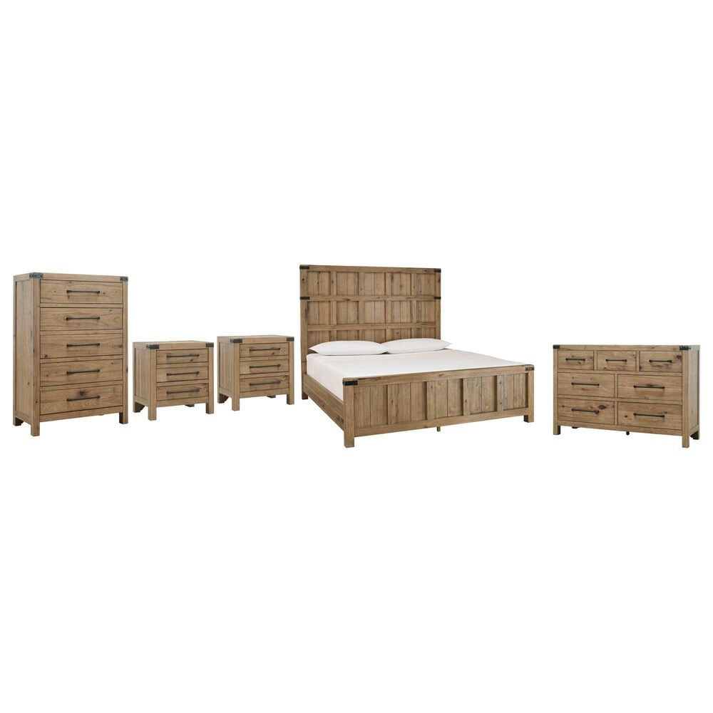Millenium Ridgester California King Panel Bed with Dresser, Chest and Two Nightstands in Light Brown with USB Ports, , large
