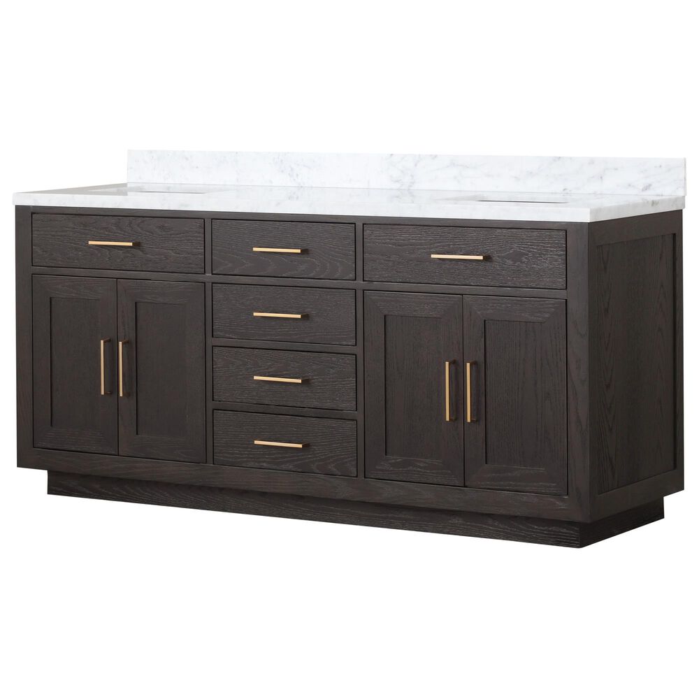 Lexora Home Abbey 72" Double Bathroom Vanity in Brown Oak with 2 cm White Carrara Marble Top and Rectangular Sinks, , large