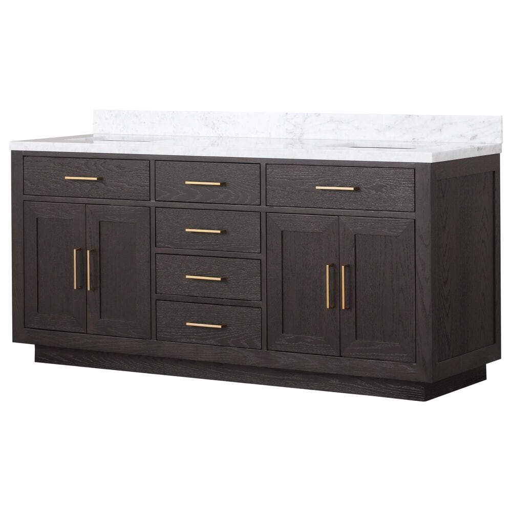 Lexora Home Abbey 72" Double Bathroom Vanity in Brown Oak with 2 cm White Carrara Marble Top and Rectangular Sinks, , large