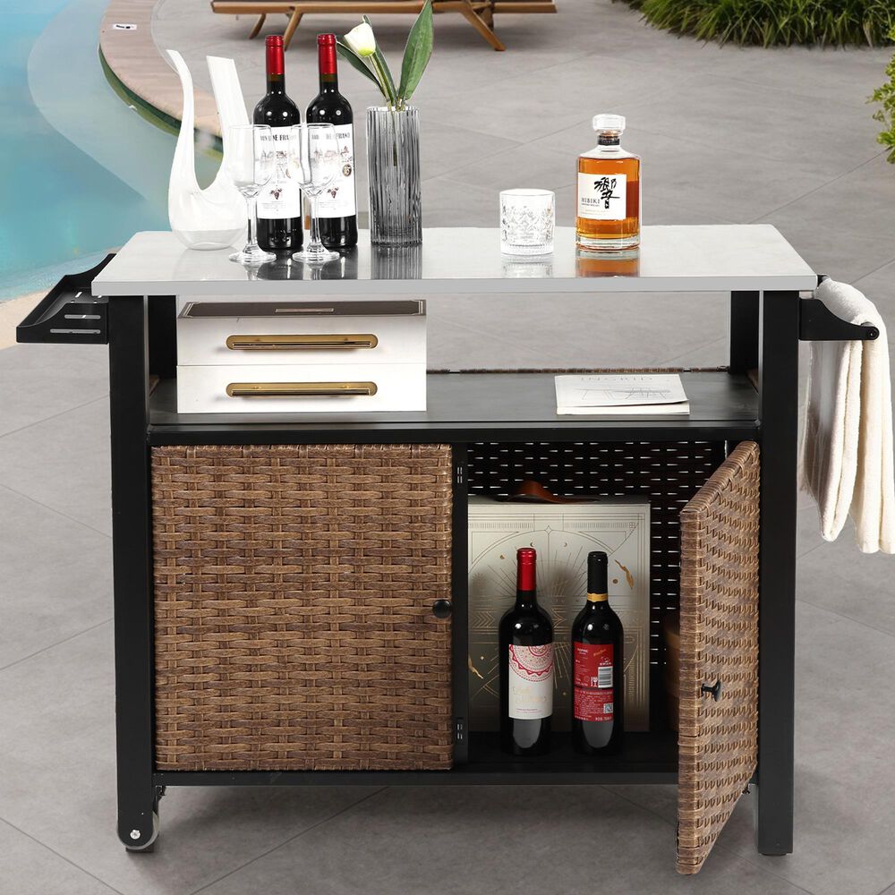 Hearth and Haven 2-Door Outdoor Bar Cart with Stainless Steel Top in Brown and Black, , large