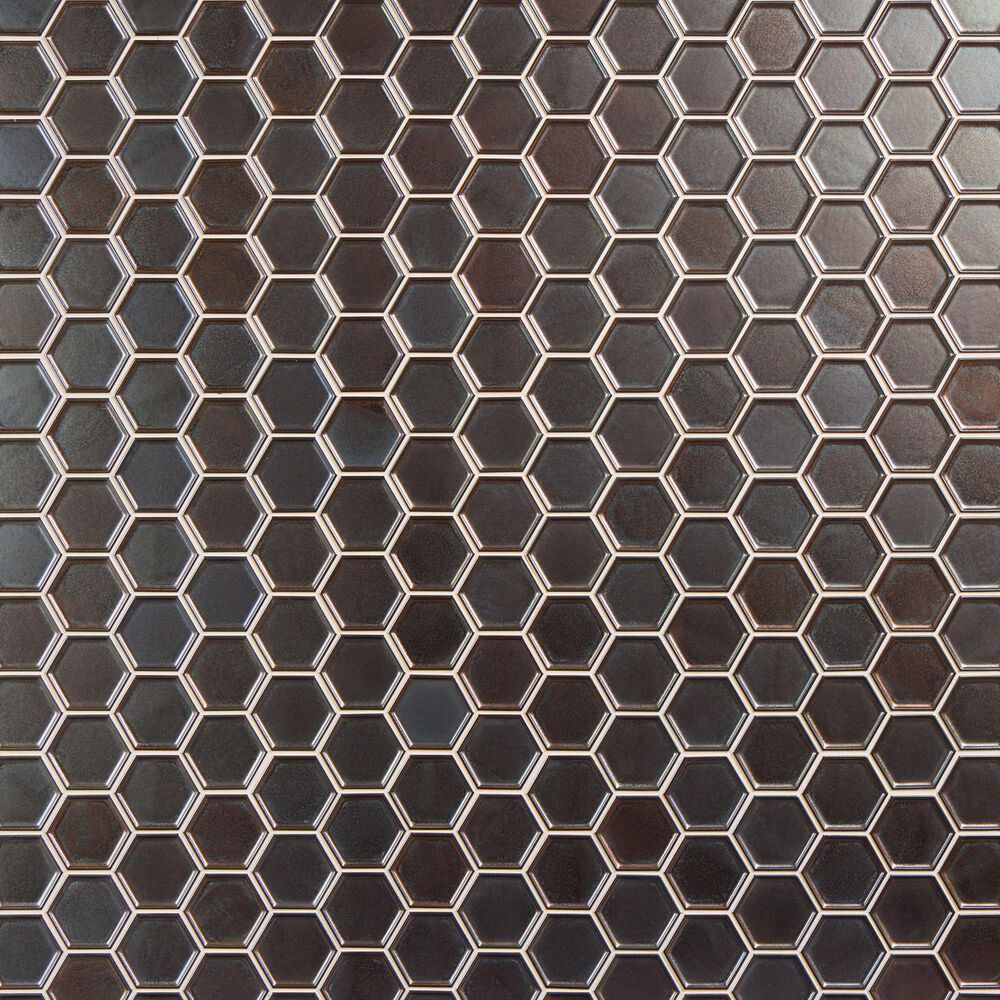 Dal-Tile Artefino Jewel Antiqued Brass 2.5" Framed Hexagon on 12" x 14" Porcelain Mosaic Sheet, , large