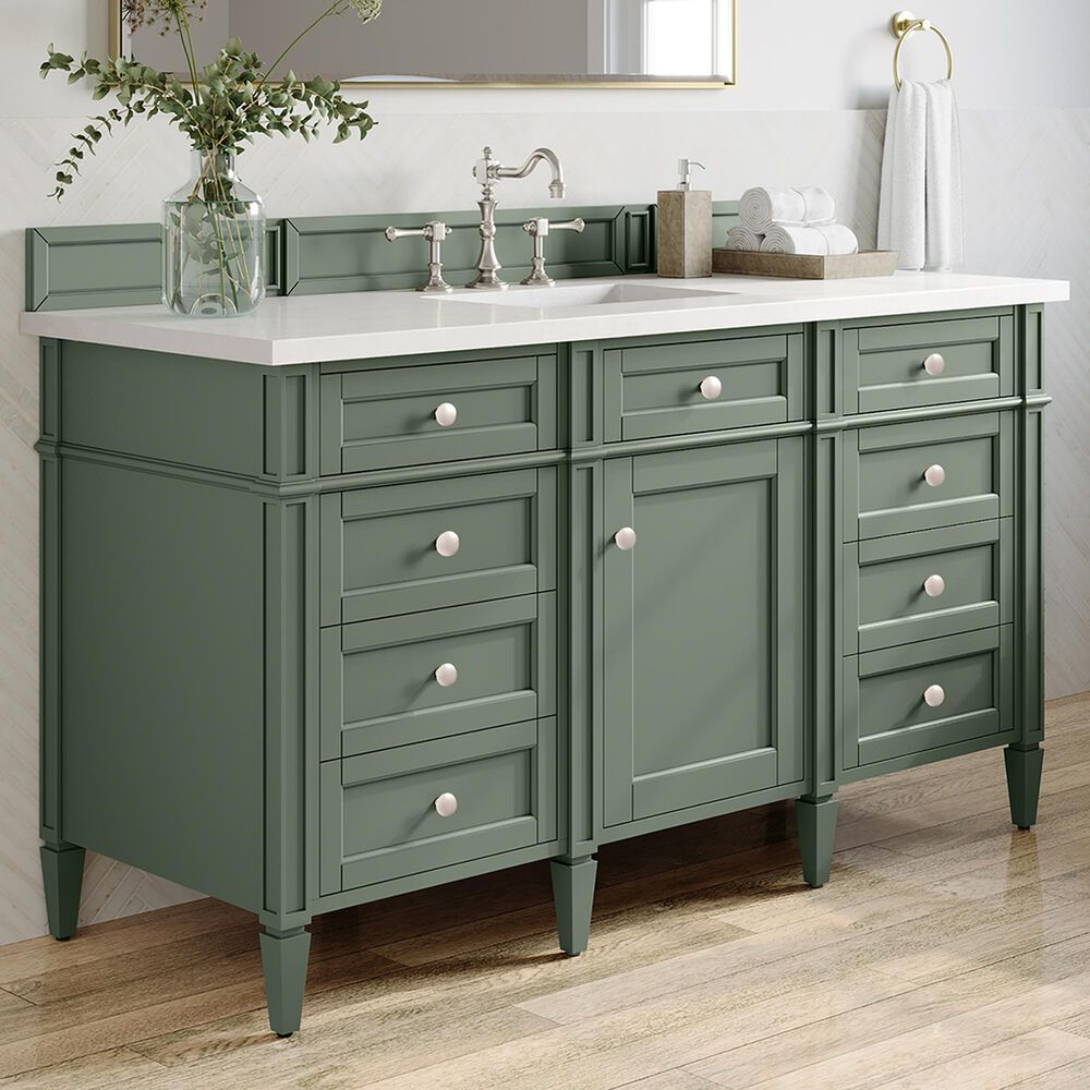 James Martin Vanities Brittany 30&quot; Single Bathroom Vanity in Smokey Celadon with 3 cm White Zeus Quartz Top and Rectangular Sink, , large