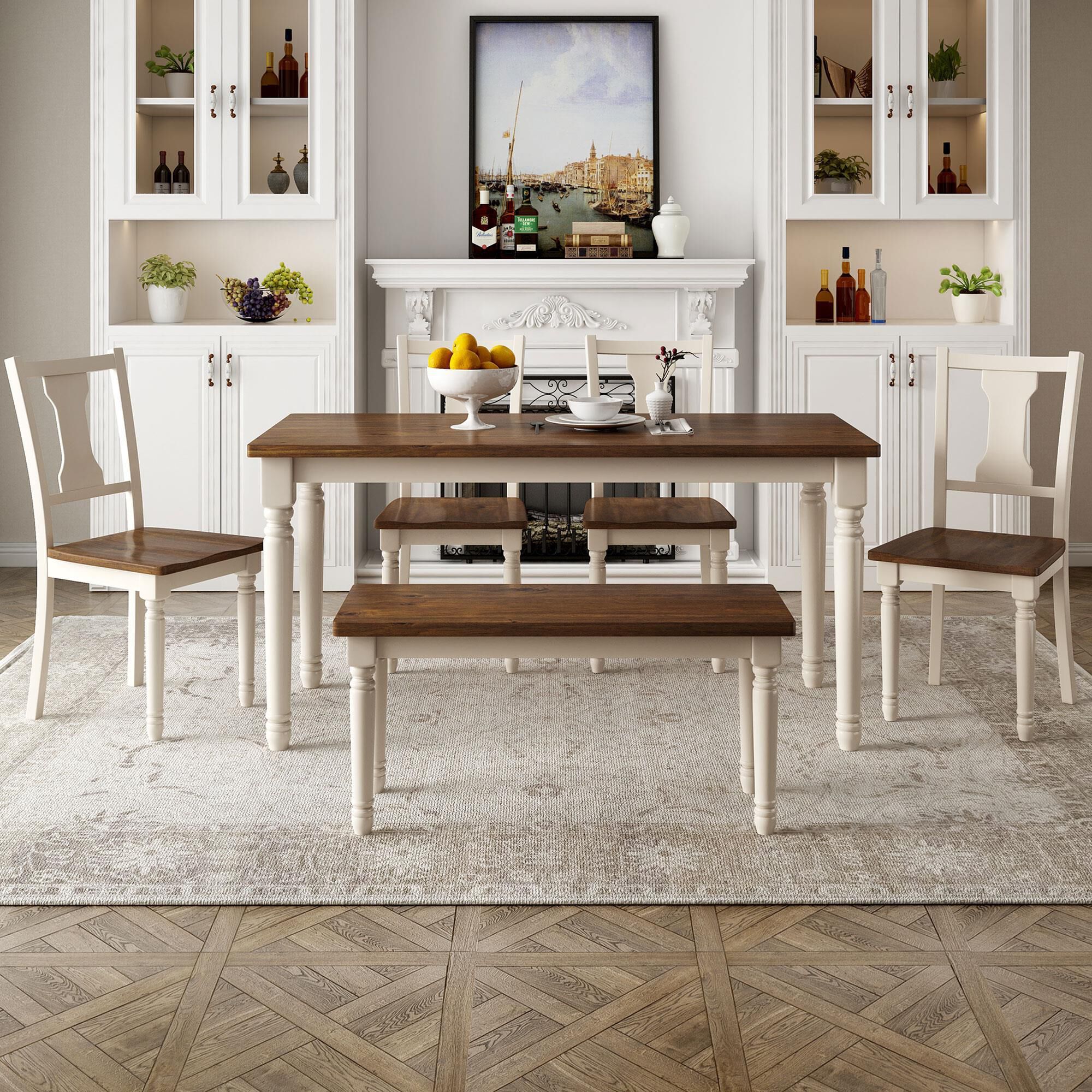 Hearth and Haven 6 Piece Rectangular Dining Set in Brown and White