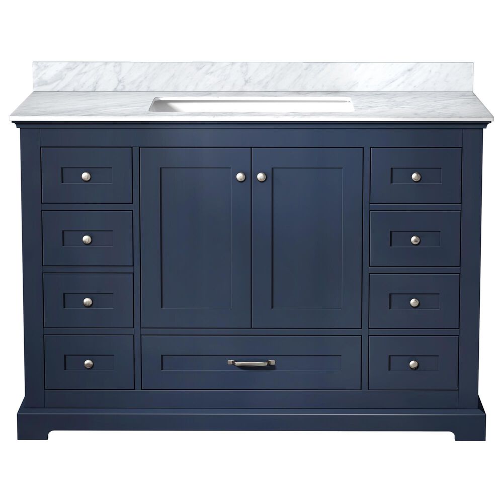 Lexora Home Dukes 48&quot; Single Bathroom Vanity in Navy Blue with 2 cm White Carrara Marble Top and Rectangular Sink, , large