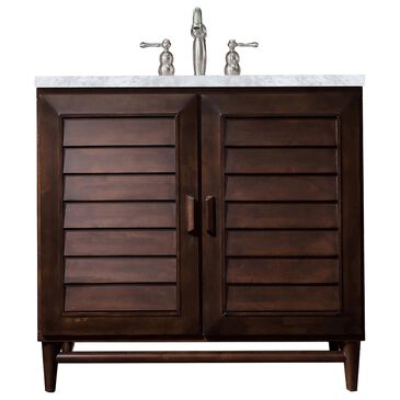 James Martin Portland 36" Single Bathroom Vanity in Burnished Mahogany with 3 cm Carrara White Marble Top and Rectangular Sink, , large