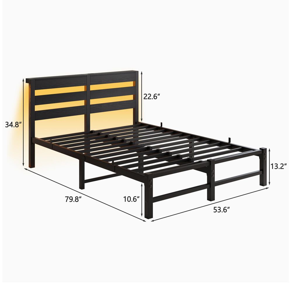 Hearth and Haven Full Metal Bed with RGB Lights and Storage Shelf in Black, , large
