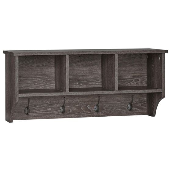 RiverRidge Home Woodbury Wall Shelf with Hooks in Dark Weathered Woodgrain