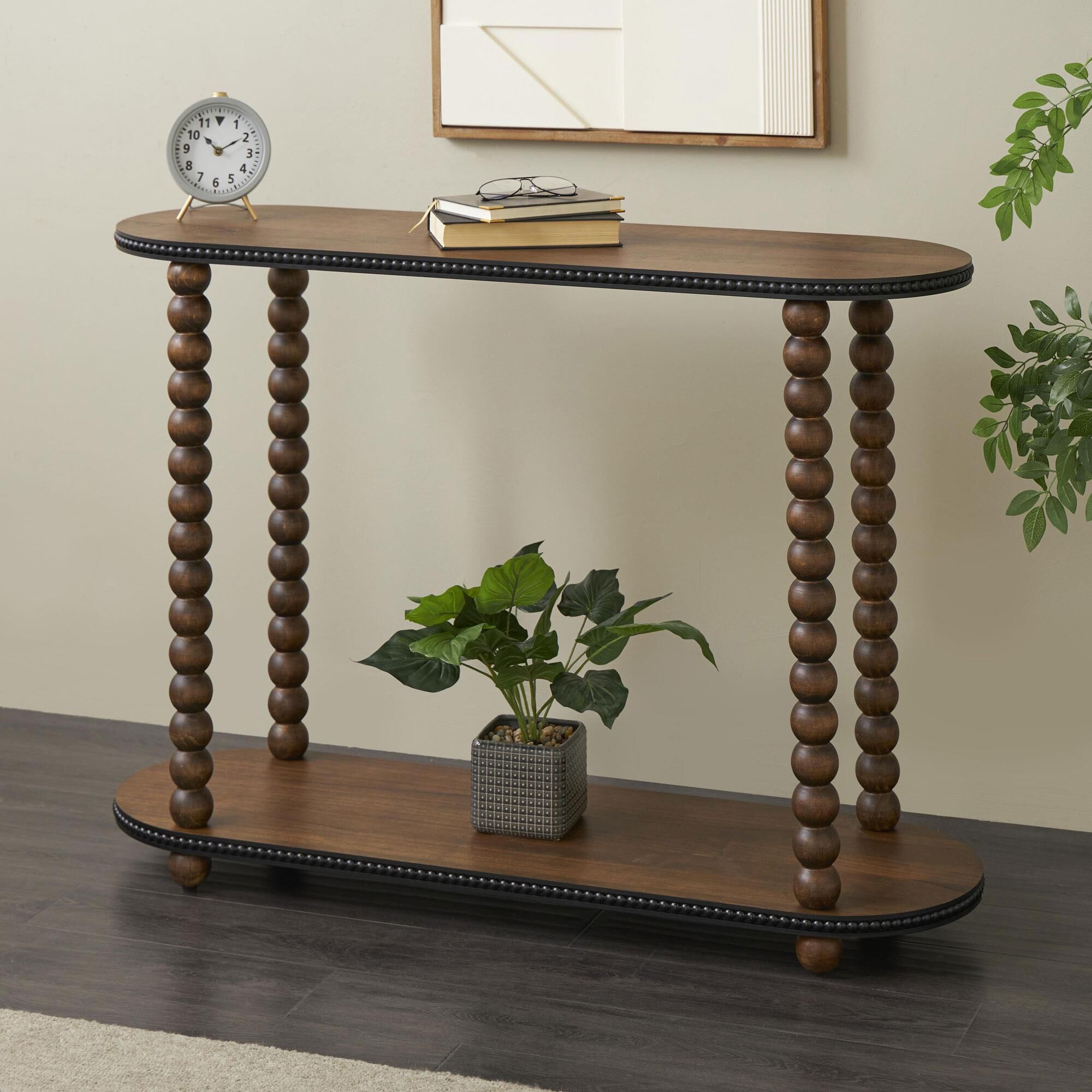 Maple and Jade Oval Spindle Console Table in Brown