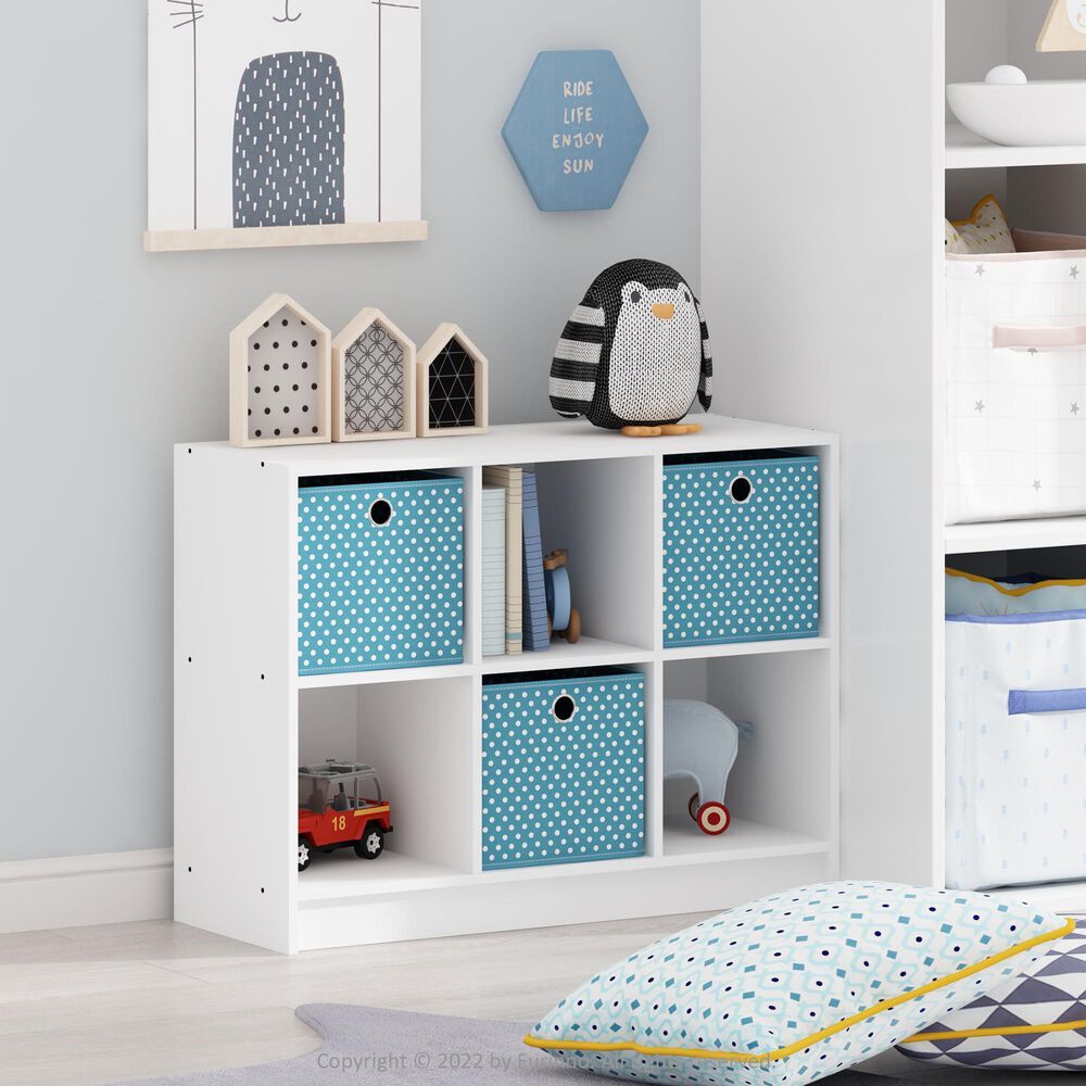 HOMLUX 6-Cube Bookshelf Bookcase with Light Blue Storage Bins in White, , large