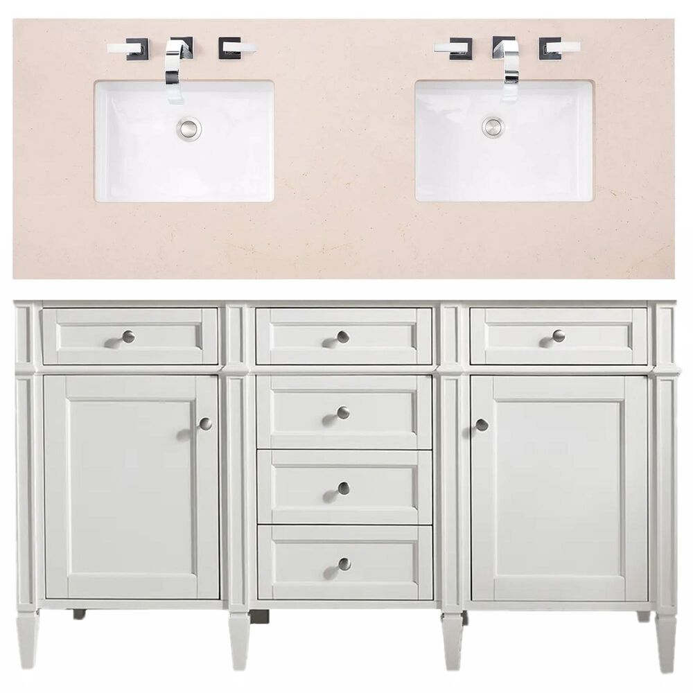 James Martin Vanities Brittany 60" Double Bathroom Vanity in Bright White with 3 cm Eternal Marfil Quartz Top, , large