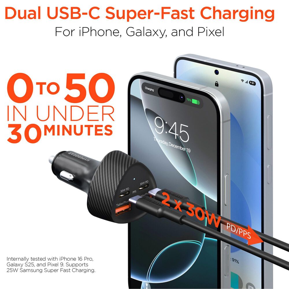 Hypercel SpeedBoost 77W Quad Port PD Car Charger in Black, , large