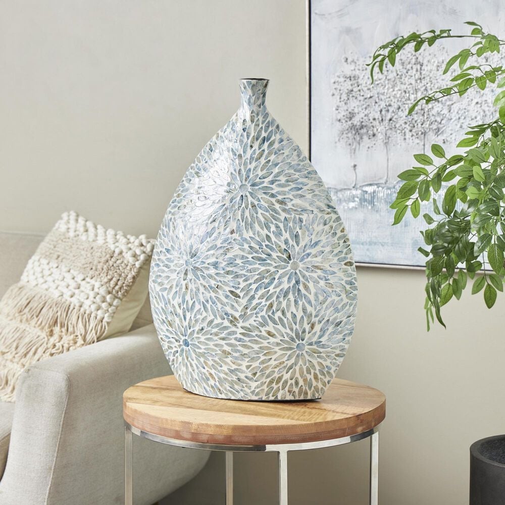 Maple and Jade Large Mosaic Floral Decorative Vase in Blue and Cream, , large